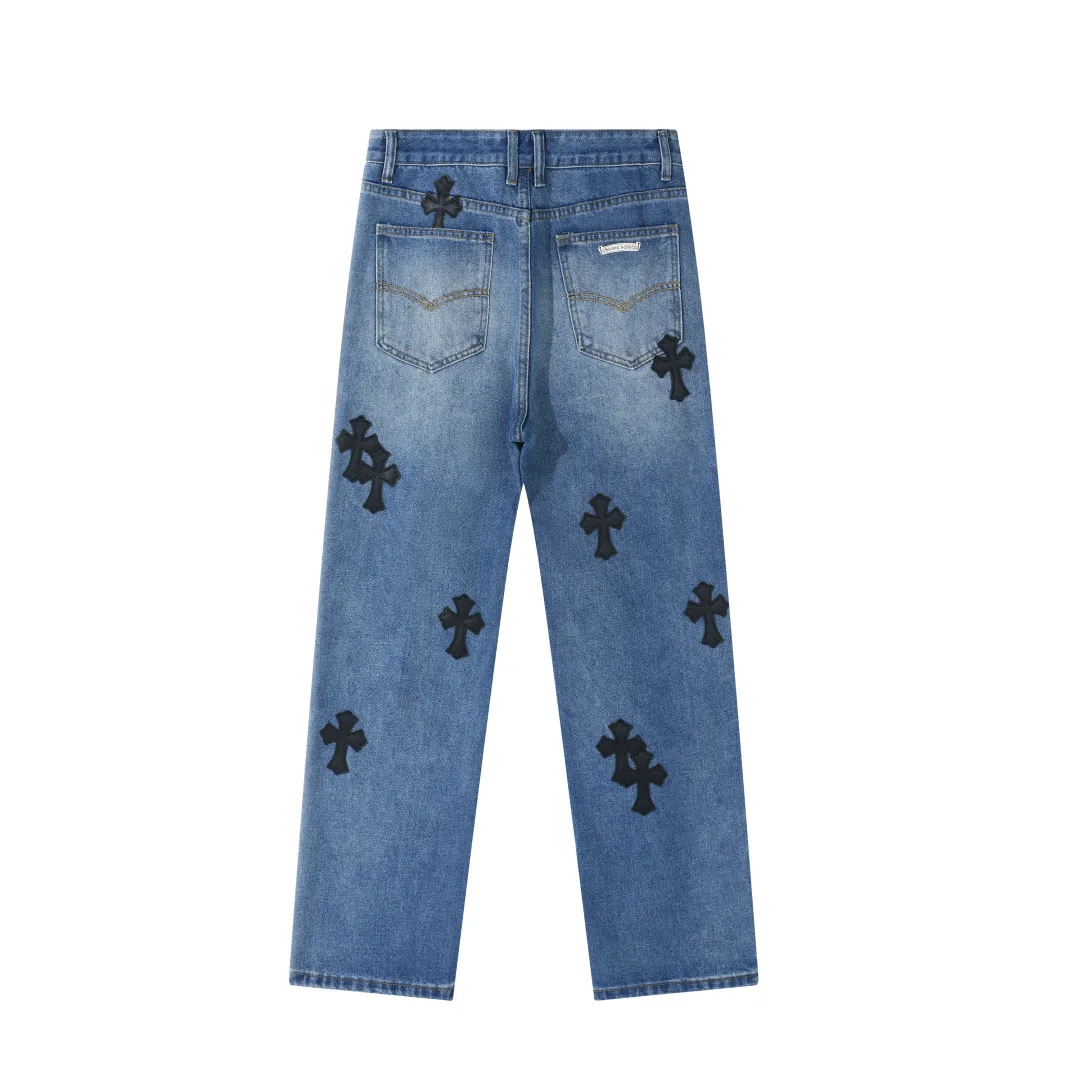 P236 💰 (Top version) Chrome Heart cross patchwork leather jeans Top heavy washing process Calfskin laser cut cross Distressed silver hardware Straight version slimming the upper body High-end quality distinguishes the market currency Color: blue and black Size: 28 30 32 34 36 (corresponding to S-M-L-XL-XXL) Corresponding size｜S-XXL